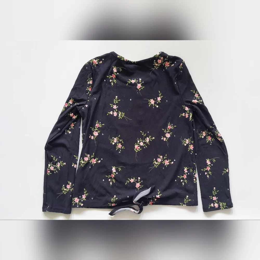 The Children's Place Girls Top Long Sleeve Black Pink Floral Knotted Front Sz 10